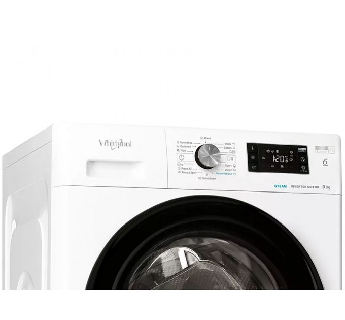 Стиральная машина Whirlpool фронтальная, 9кг, 1400, A+++, 60см, дисплей, пар, инвертор, люк черный, белый