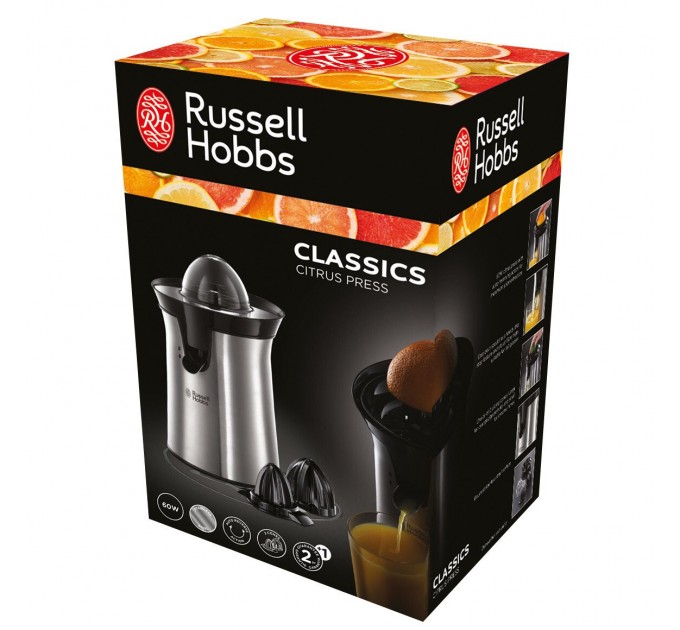 Соковитискач Russell Hobbs Classics цитрус-прес 60Вт, 2 насадки в комплекті, метал, чорний