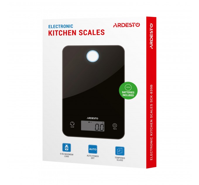 Весы ARDESTO кухонные, 5кг, CR2032x2 в компл, стекло, черный