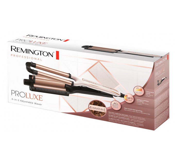 Плойка Remington ProLuxe 4-в-1 для волн, 90Вт, темп.режимов-5, D-15mm, 150-210С, керамика, бело-золотой