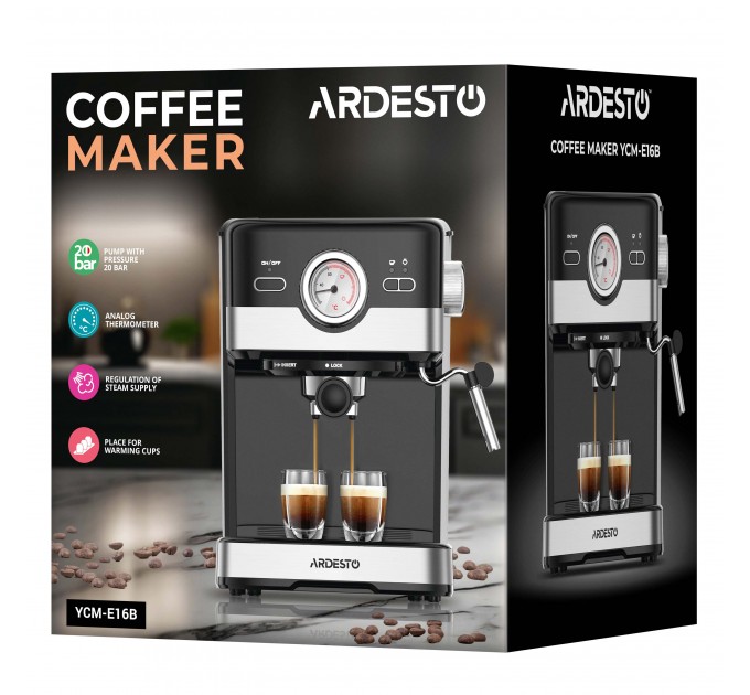 Кавоварка ARDESTO ріжкова 1.5л, мелена, ручний капучинатор, чорно-сріблястий