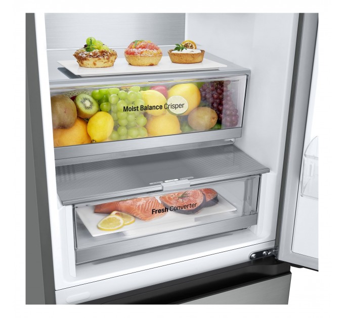 Холодильник LG с нижн. мороз., 203x60х68, холод.отд.-277л, мороз.отд.-110л, 2дв., E, NF, инв., диспл внешн., Fresh Сonverter, Metal Fresh, серебристый