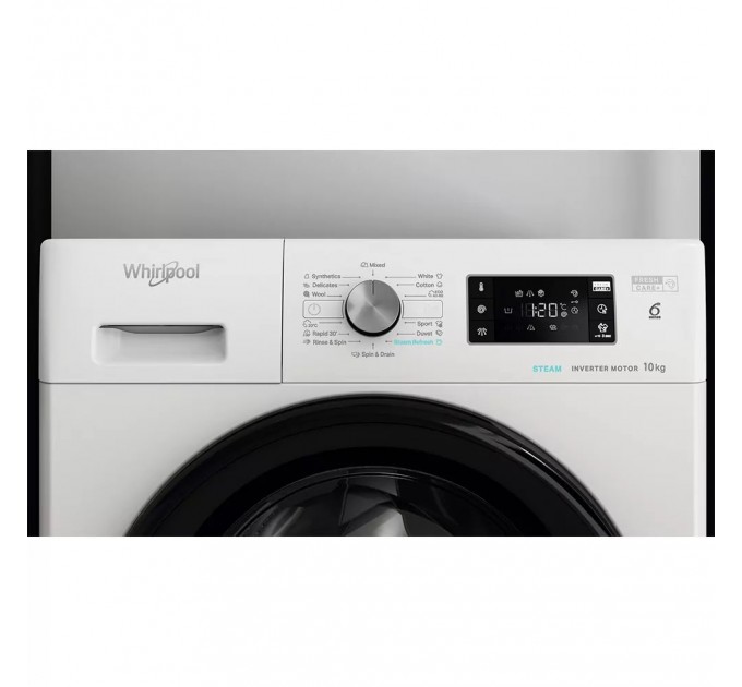 Стиральная машина Whirlpool фронтальная, 10кг, 1400, A+++, 60см, дисплей, пар, инвертор, люк черный, белый