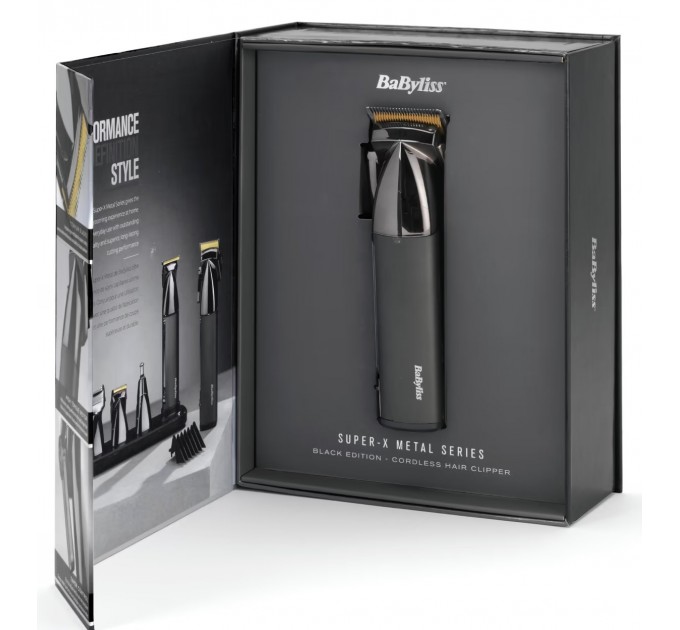 Машинка для стрижки Babyliss Super-X Metal Series, акум., насадок-12, быстрая заряд, сумка для хранения, сталь с графитовим покрытием, чорно-серебр.