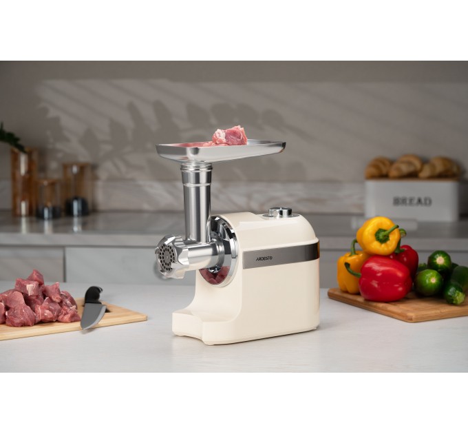 Мясорубка ARDESTO, 1800Вт, 2кг/мин, 3 решетки, насадка для колбас, кеббе,пластик, бежево-серебристый