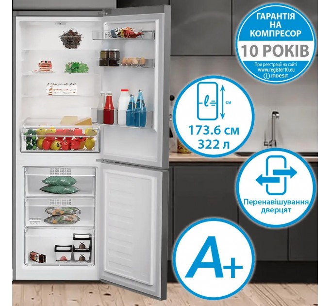 Холодильник Indesit с нижн. мороз., 173.6x60х65.2, холод.отд.-209л, мороз.отд.-113л, 2дв., А+, ST, серебристый