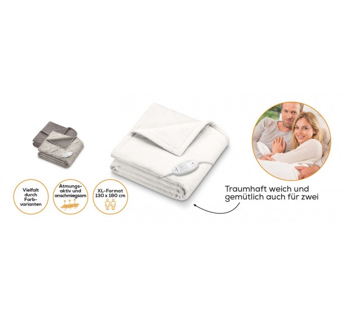 Электроодеяло Beurer, от сети, 180х130см, 100Вт, 6 режимов, флис, белый