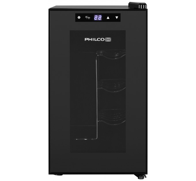 Холодильник Philco для вина, 45х25х50, холод.отд.-21л, зон - 1, бут-8, диспл, подсветка, черный