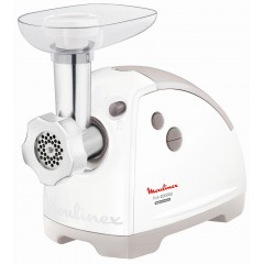 М'ясорубка Moulinex, 2000Вт, 2.6кг/хв, 2 решітки, насадка для ковбас, кеббе, томатів, 5 терок, пластик, біло-сірий