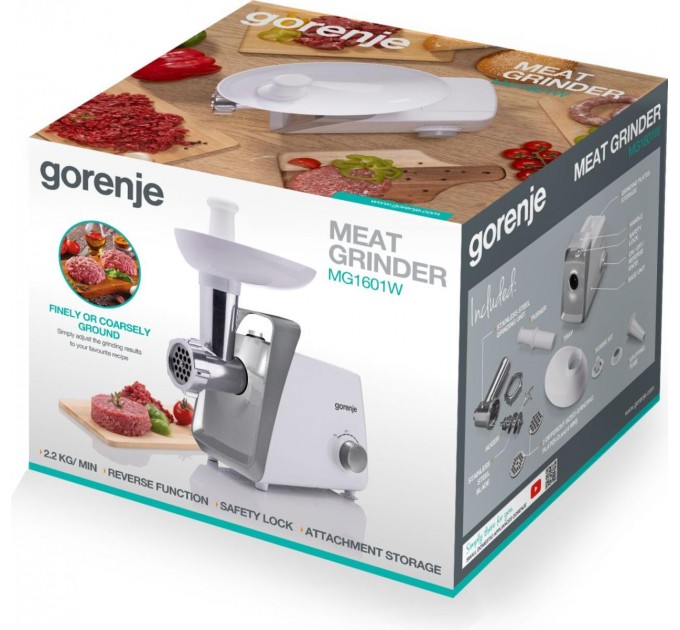 Мясорубка Gorenje, 1600Вт, 2,2кг/мин, 2 решетки, пластик, белый