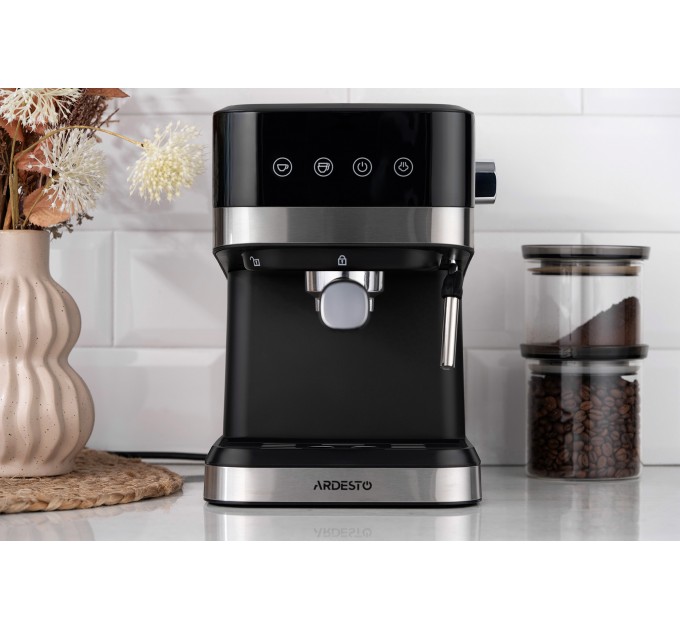 Кавоварка ARDESTO ріжкова 1.5л, мелена, ручний капучинатор, сенсорне керування, чорно-сріблястий