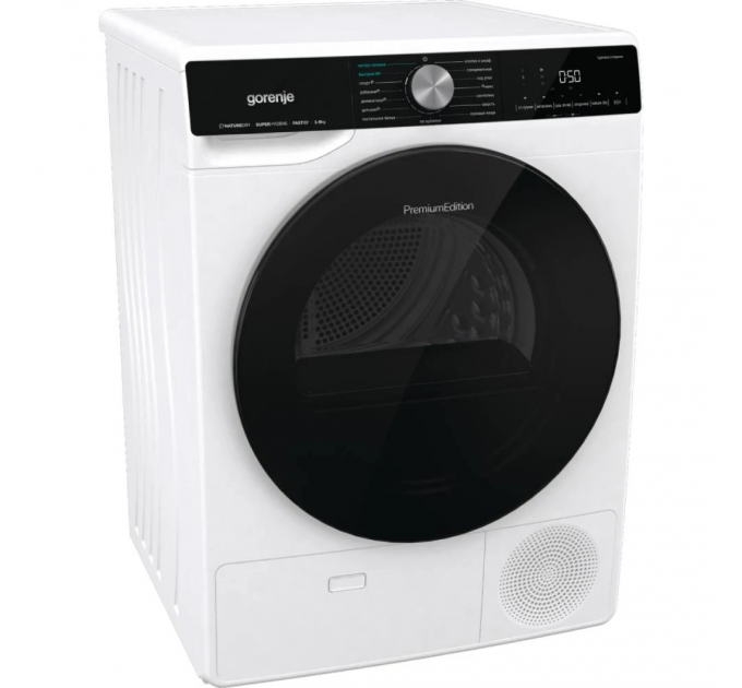 Сушильная машина Gorenje тепловой насос, 9кг, A++, 60см, дисплей, 15 программ, подсветка барабана, белый