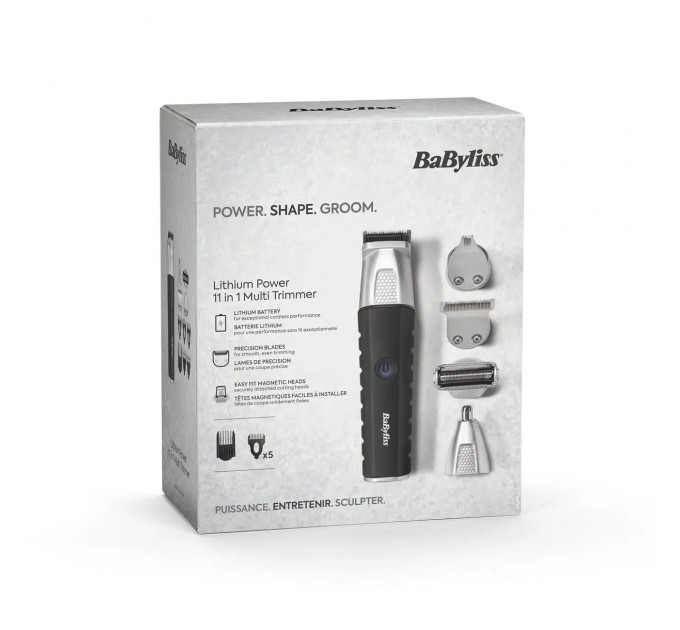 Набір для стрижки Babyliss Lithium Power, для бороди, вусів, голови, носа і тіла, акум., вібраційний мотор, насадок-10, сталь, чорний