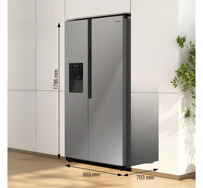 Холодильник SBS Gorenje, 179х70х92см, 2 двері, 376(190)л, А++, NF+, Інв., Зона св-ті, диспенсер, генератор льоду, Зовн. Диспл, нерж