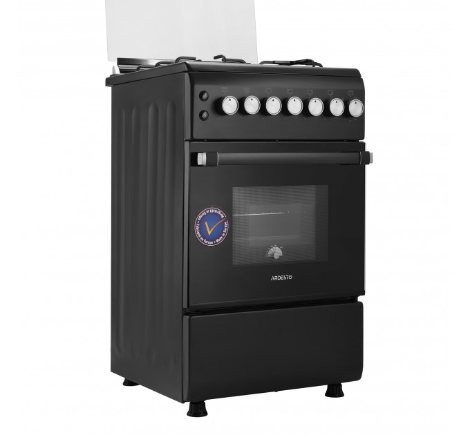 Плита ARDESTO газова, 50л, 50x60см, скляна кришка, електропідпал, таймер, термометр, каво адаптер, форсунки LPG (підключення газового балона), чорний