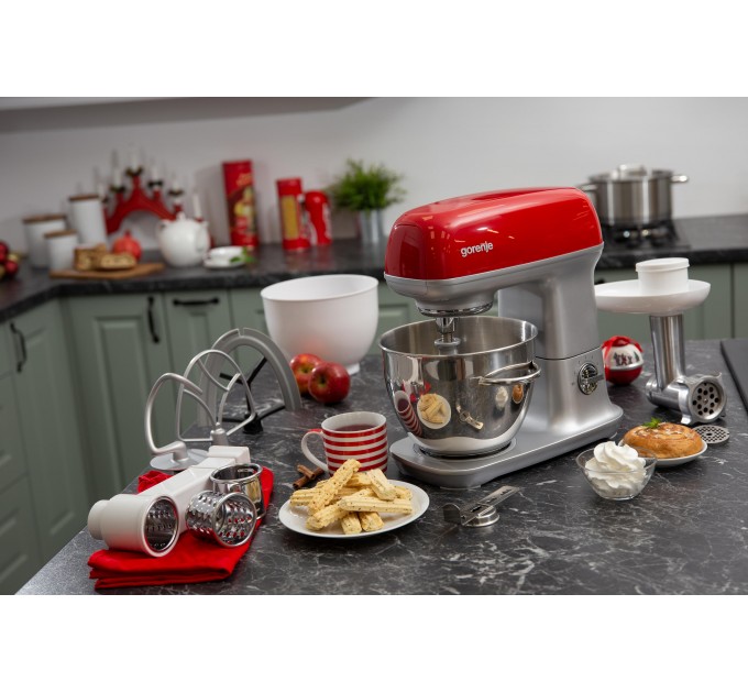 Кухонная машина Gorenje 1000Вт, чаша-металл, корпус-металл, насадок-7, серебристо-красный