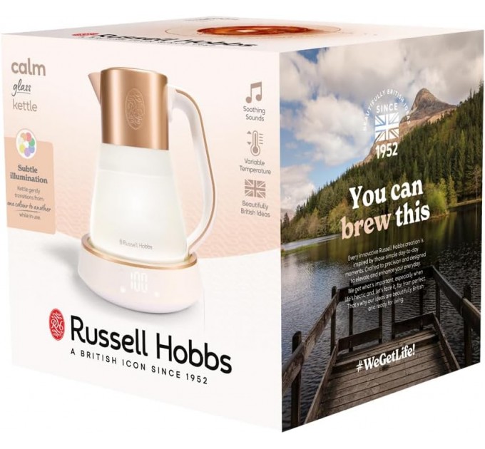 Электрочайник Russell Hobbs Calm, 1.7л, стекло, музыка, подсветка, сенсор, бело-медный