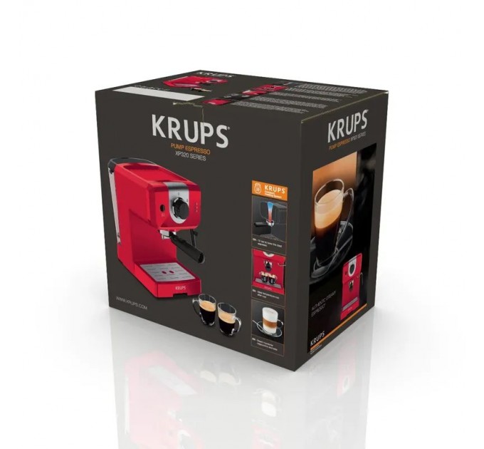 Кофеварка Krups рожковая Opio 1.5л, молотый, ручной капучинатор, подогрев чашек, красный