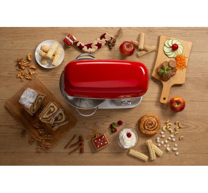 Кухонная машина Gorenje 1000Вт, чаша-металл, корпус-металл, насадок-7, серебристо-красный