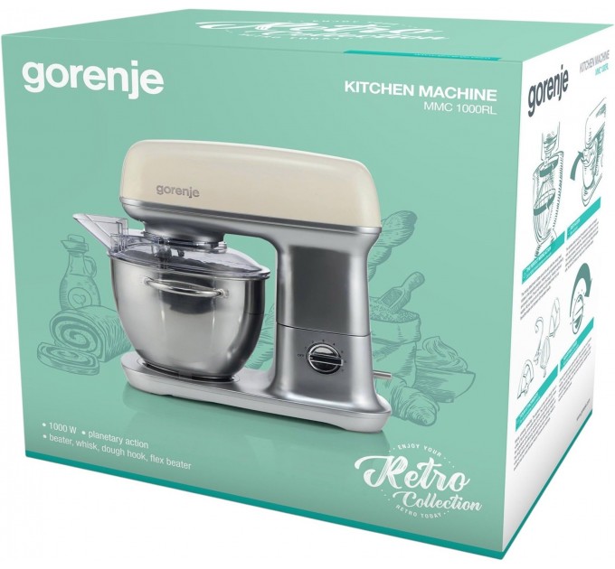 Кухонная машина Gorenje 1000Вт, чаша-металл, корпус-металл, насадок-4, серебристо-бежевый