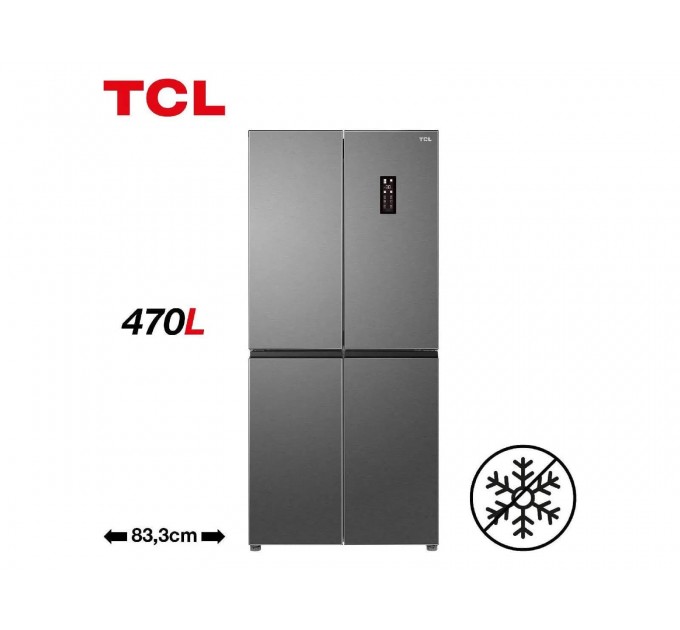 Холодильник TCL многодверный, 185х84х68, холод.отд.-301л, мороз.отд.-169л, 4 дв., A++, NF, инв., диспл внешн., зона св-ти, нерж