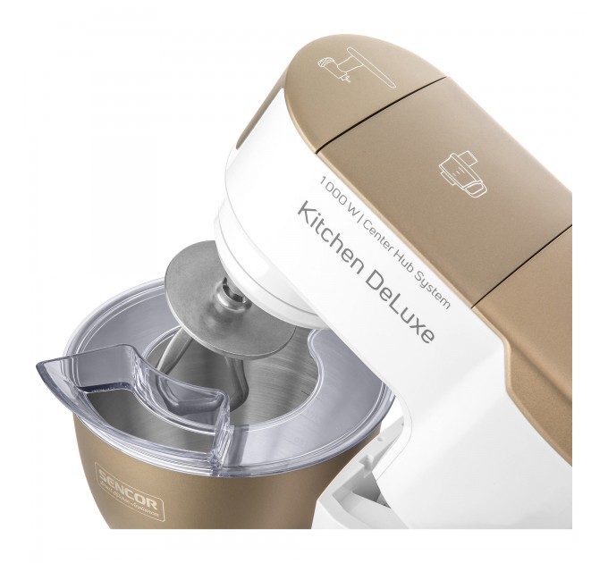 Кухонна машина Sencor 1000Вт, чаша-метал, корпус-пластик, насадок-15, біло-золотий