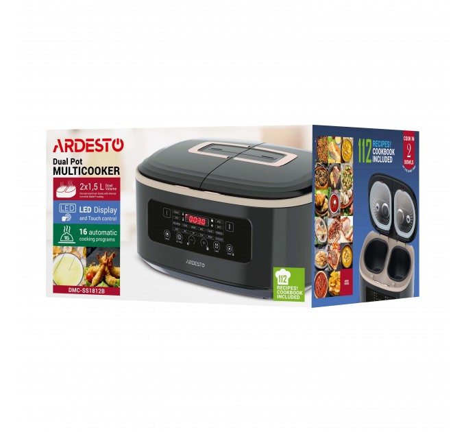 Мультиварка ARDESTO, 900Вт, чаша-2х1.5л, электронное управл., 2 чаши, пластик, черный