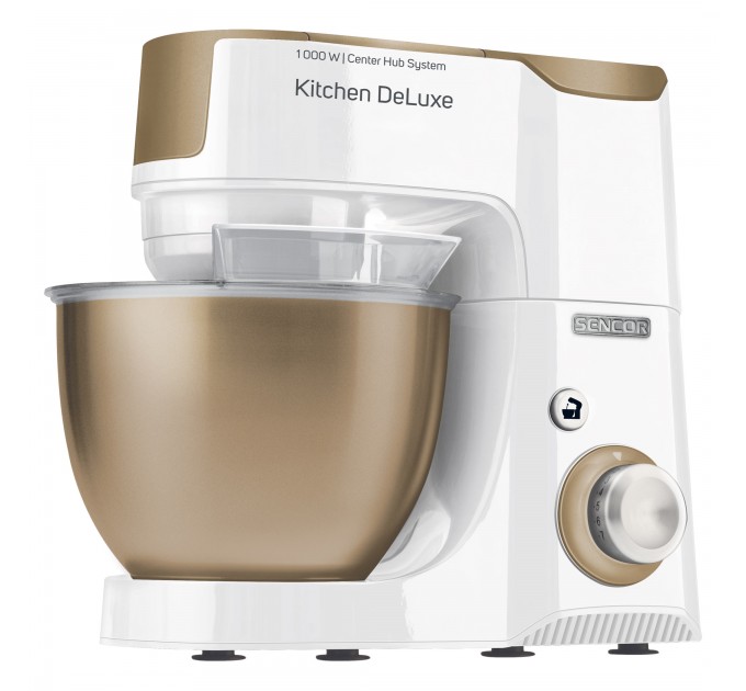Кухонна машина Sencor 1000Вт, чаша-метал, корпус-пластик, насадок-15, біло-золотий
