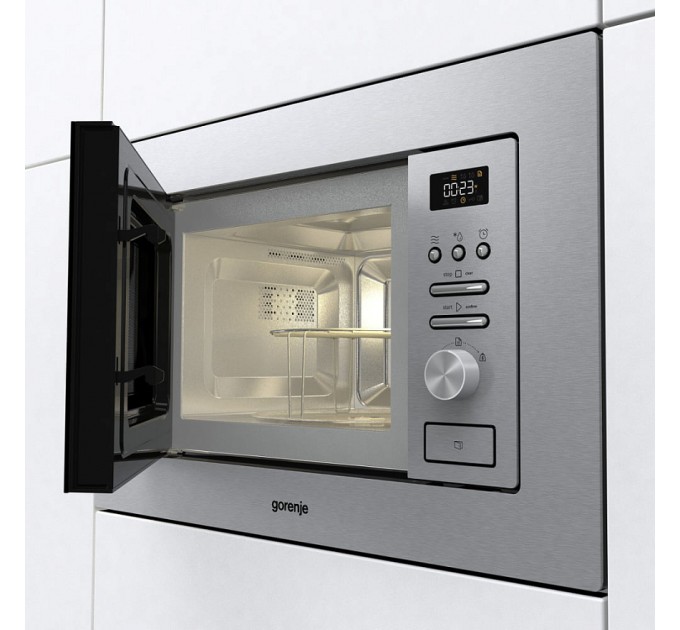 Мікрохвильова піч Gorenje вбудовувана, 20л, міх. управл., 800Вт, гриль, дисплей, інвертор, нерж