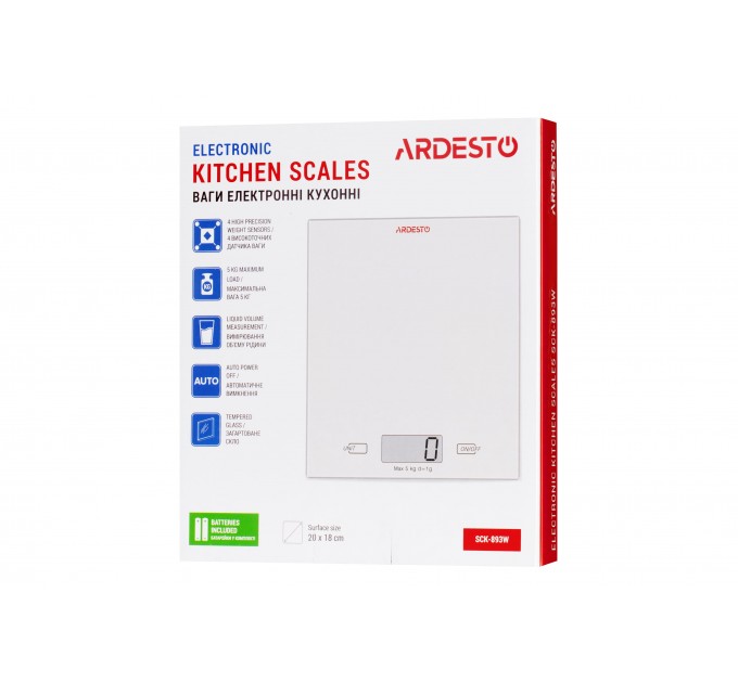 Весы ARDESTO кухонные, 5кг, AAAx2 в компл, стекло, белый