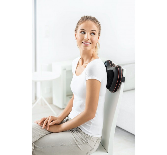 Массажная подушка Beurer для плеч, шеи, спины и ног, от сети, 4 головки шиацу, подогрев, автооткл., красно-серый