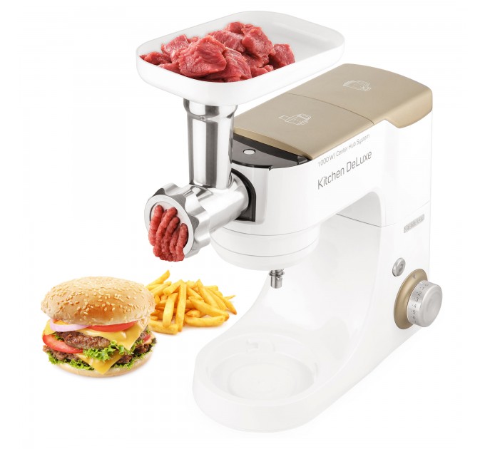 Кухонна машина Sencor 1000Вт, чаша-метал, корпус-пластик, насадок-15, біло-золотий