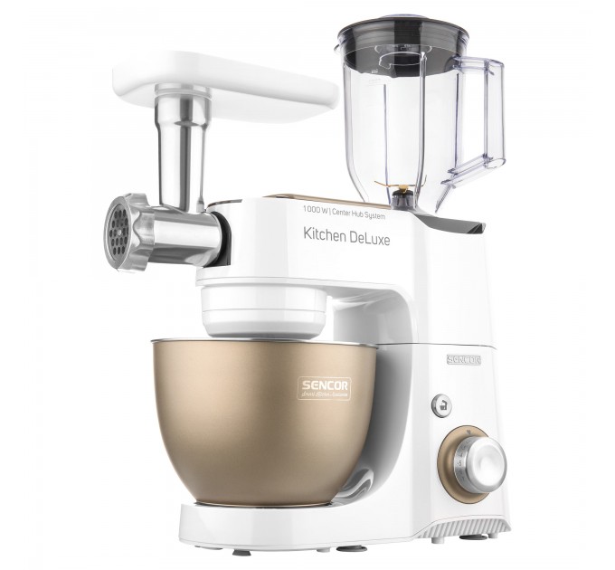 Кухонна машина Sencor 1000Вт, чаша-метал, корпус-пластик, насадок-15, біло-золотий
