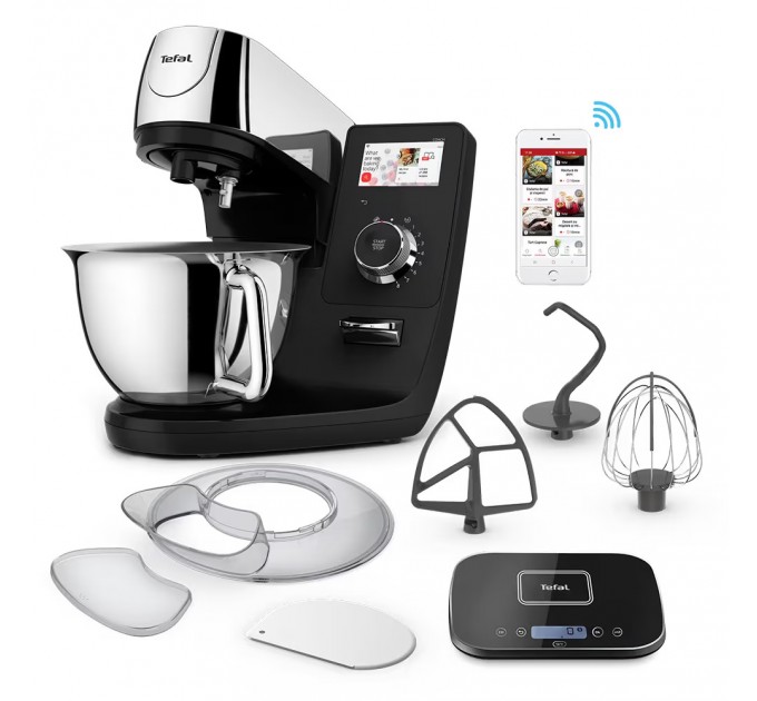 Кухонна машина Tefal I-Coach Touch, 1200Вт, чаша-метал, корпус-метал+пластик, дисплей, насадок-3, підкл. до смартфону, чорний