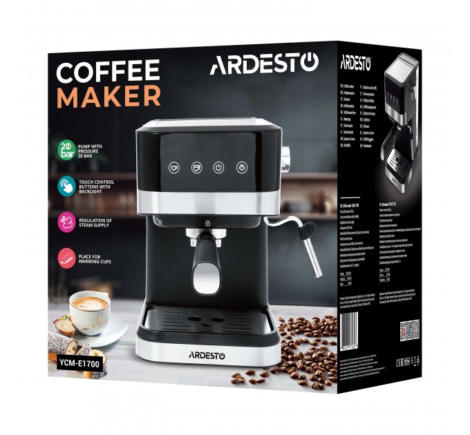 Кавоварка ARDESTO ріжкова 1.5л, мелена, ручний капучинатор, сенсорне керування, чорно-сріблястий