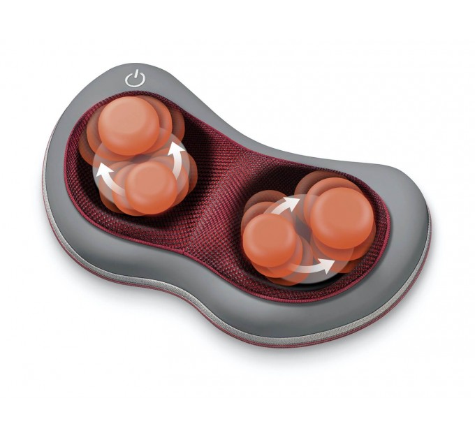 Массажная подушка Beurer для плеч, шеи, спины и ног, от сети, 4 головки шиацу, подогрев, автооткл., красно-серый