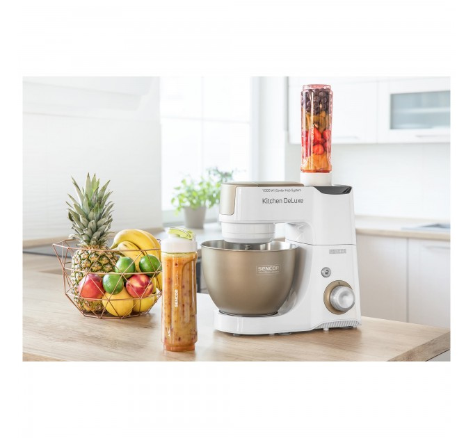Кухонна машина Sencor 1000Вт, чаша-метал, корпус-пластик, насадок-15, біло-золотий
