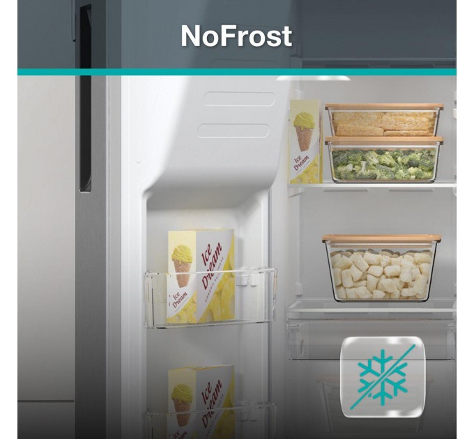 Холодильник SBS Gorenje, 179х70х92см, 2 двері, 376(190)л, А++, NF+, Інв., Зона св-ті, диспенсер, генератор льоду, Зовн. Диспл, нерж