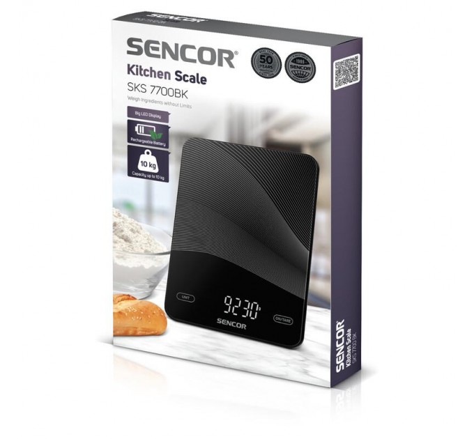 Весы Sencor кухонные, 10кг, аккумулятор 250mAh, USB-C, сенс. управ., стекло, черный