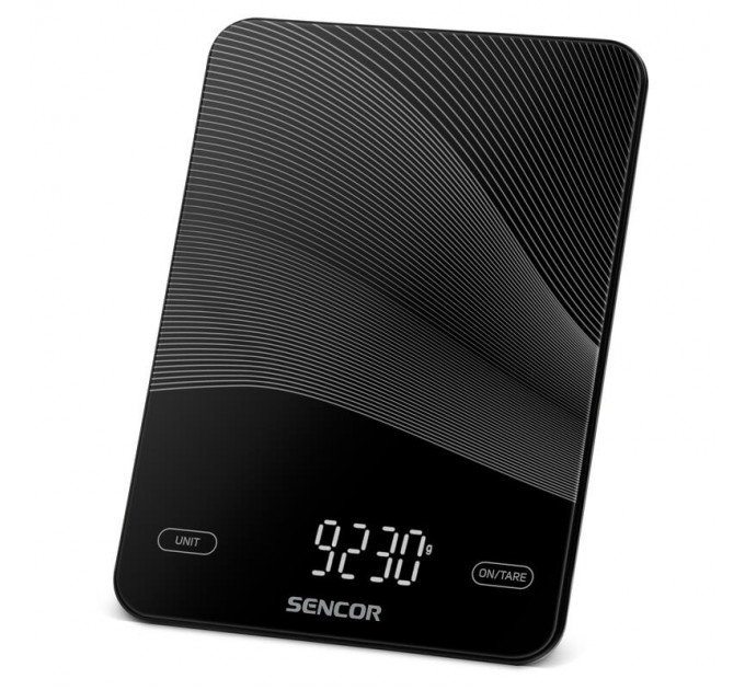 Весы Sencor кухонные, 10кг, аккумулятор 250mAh, USB-C, сенс. управ., стекло, черный