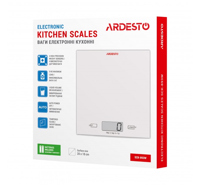 Весы ARDESTO кухонные, 5кг, AAAx2 в компл, стекло, белый