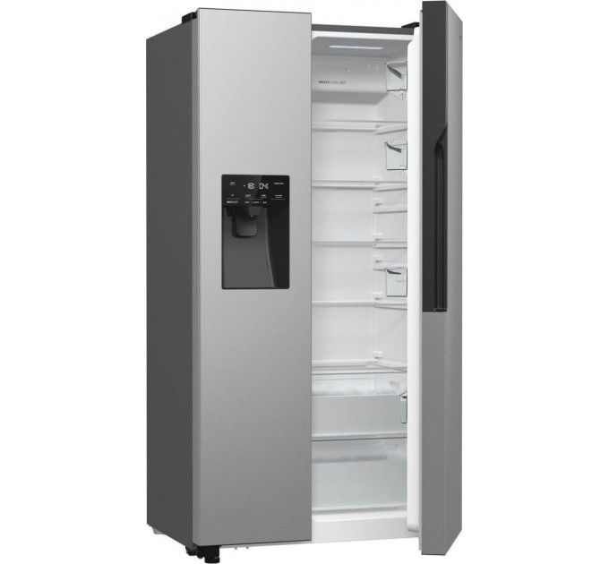 Холодильник SBS Gorenje, 179х70х92см, 2 двері, 376(190)л, А++, NF+, Інв., Зона св-ті, диспенсер, генератор льоду, Зовн. Диспл, нерж