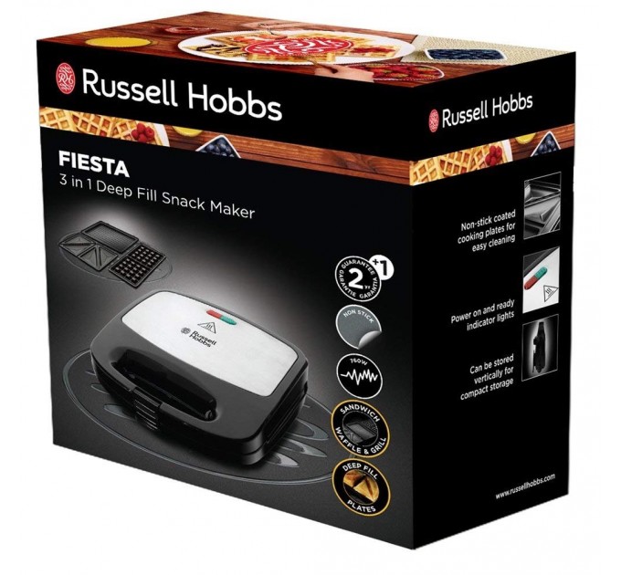 Мультимейкер Russell Hobbs Fiesta 750Вт, алюминий, 3 пластины, корпус-нерж.сталь/пластик, черный