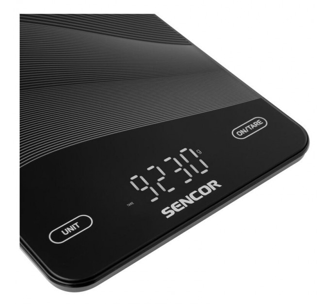 Весы Sencor кухонные, 10кг, аккумулятор 250mAh, USB-C, сенс. управ., стекло, черный