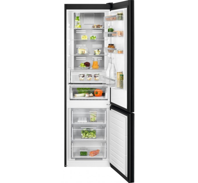 Холодильник Electrolux с нижн. мороз., 201x60х66, холод.отд.-244л, мороз.отд.-94л, 2дв., E, Combi, инв., диспл внутр., зона св-ти, черный (стекло)