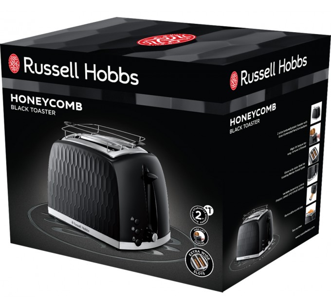 Тостер Russell Hobbs Honeycomb 850Вт, широкі слоти, пластик, чорний