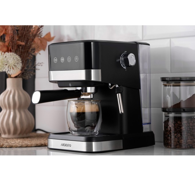 Кавоварка ARDESTO ріжкова 1.5л, мелена, ручний капучинатор, сенсорне керування, чорно-сріблястий