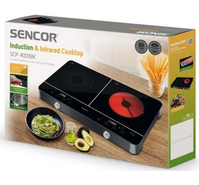 Плитка настільна Sencor індукційна, комфорок - 2 на 1.6 + 1.8кВт, керування - сенсорнено - мех., чорний