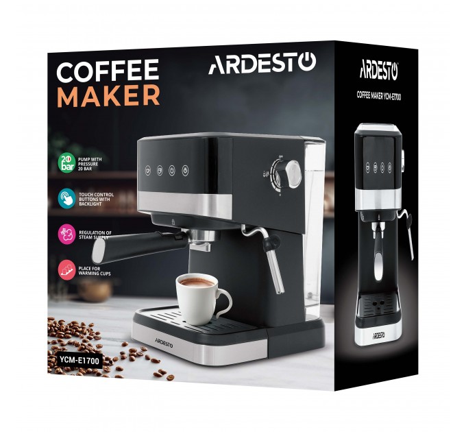 Кавоварка ARDESTO ріжкова 1.5л, мелена, ручний капучинатор, сенсорне керування, чорно-сріблястий