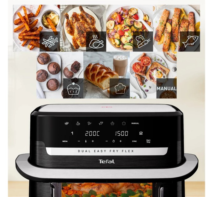Мультипечь Tefal Dual Easy Fry Flex, 2700Вт, чаша-5.5+3.5л, сенсорное управл., 2 чаши, гриль, пластик, черный